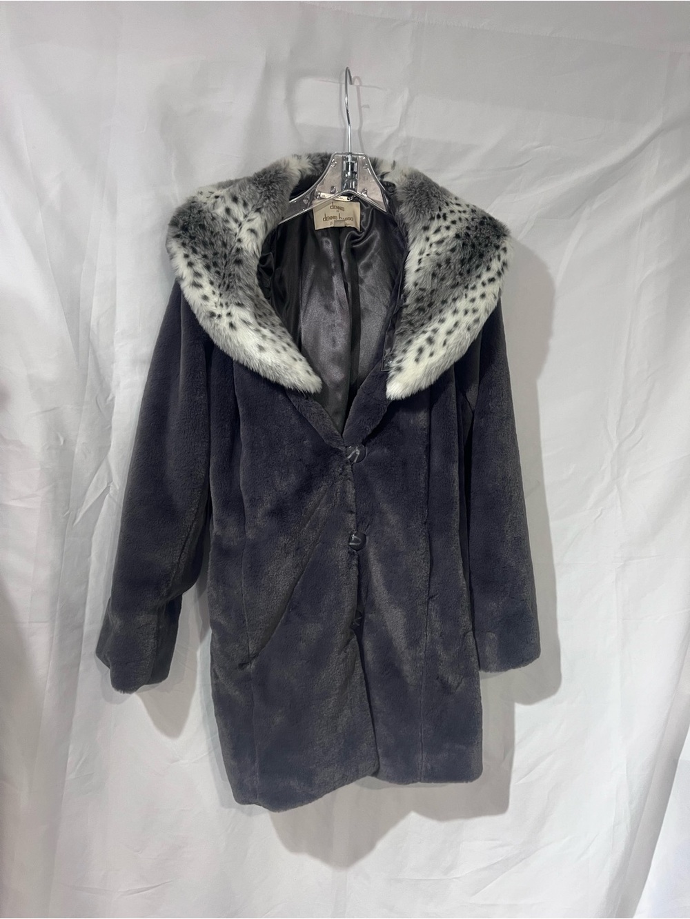 dennis basso Charcoal Gray Faux Fur Pea Coat with Spotted White Collar